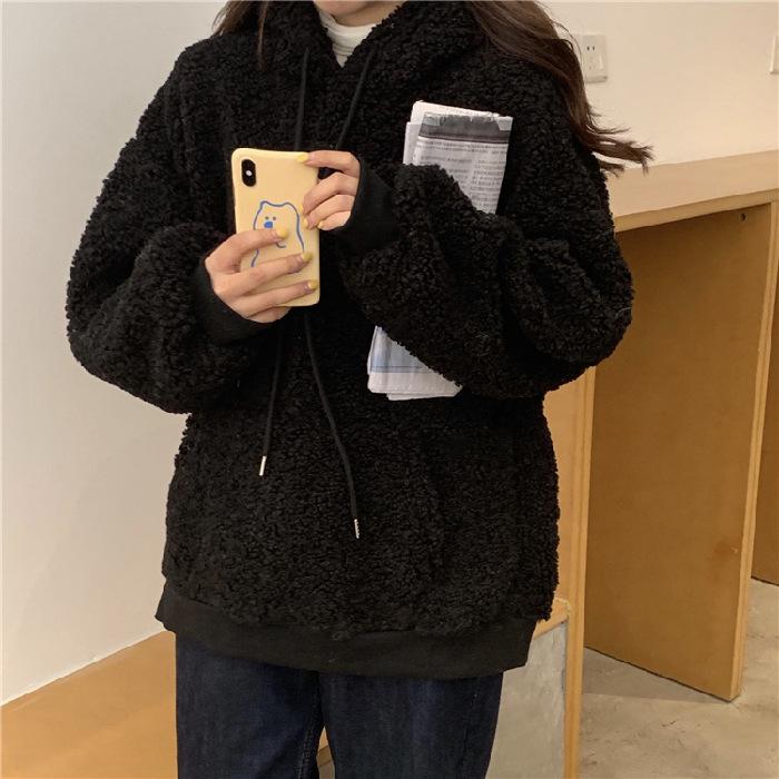 Plus Size Women's Faux Lambswool Bear Ear Hoodie - Loose Fit for Autumn/Winter