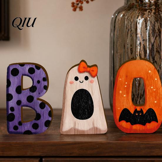 Polka Dot Halloween Sign 3Pcs/Set Wooden Statues, Letter Bat Pumpkin Ghost with Bowknot Deisgn, Stable Figurine Desktop Ornaments, Holiday Party
