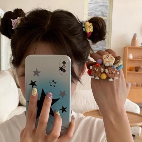 5Pcs Hair Rope Cartoon Bakery Snack Resin Charm Hair Ties High Elasticity