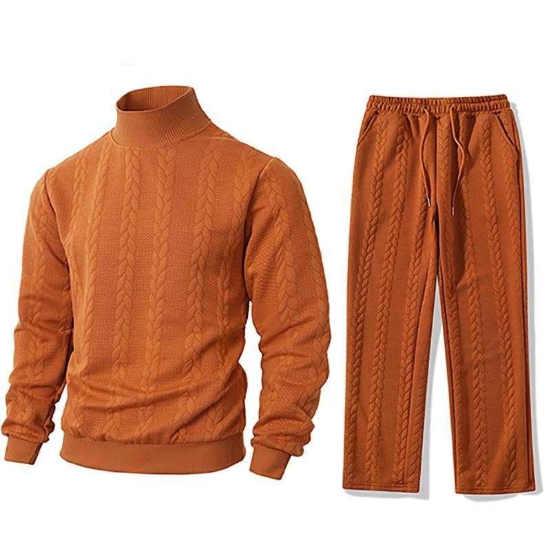 Autumn and Winter Sweater Knitwear Daily Solid Color Men's Fashion Jacquard Turtleneck Warm Top Set