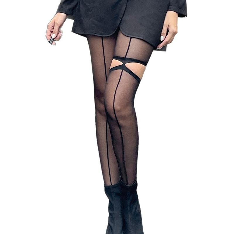1Pair Vertical Line Hollow Out Female Stockings Personality Tights Asymmetry Leggings Girl Nylon High Pantyhose