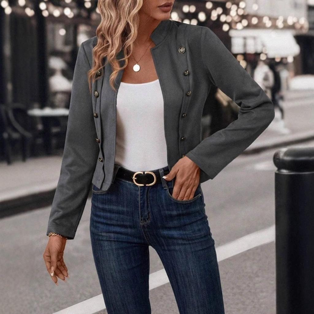 Damen Blazer mit Stehkragen Langarm Slim Fit Vintage Kunstwildleder Jacke Einfarbig Cropped Mantel