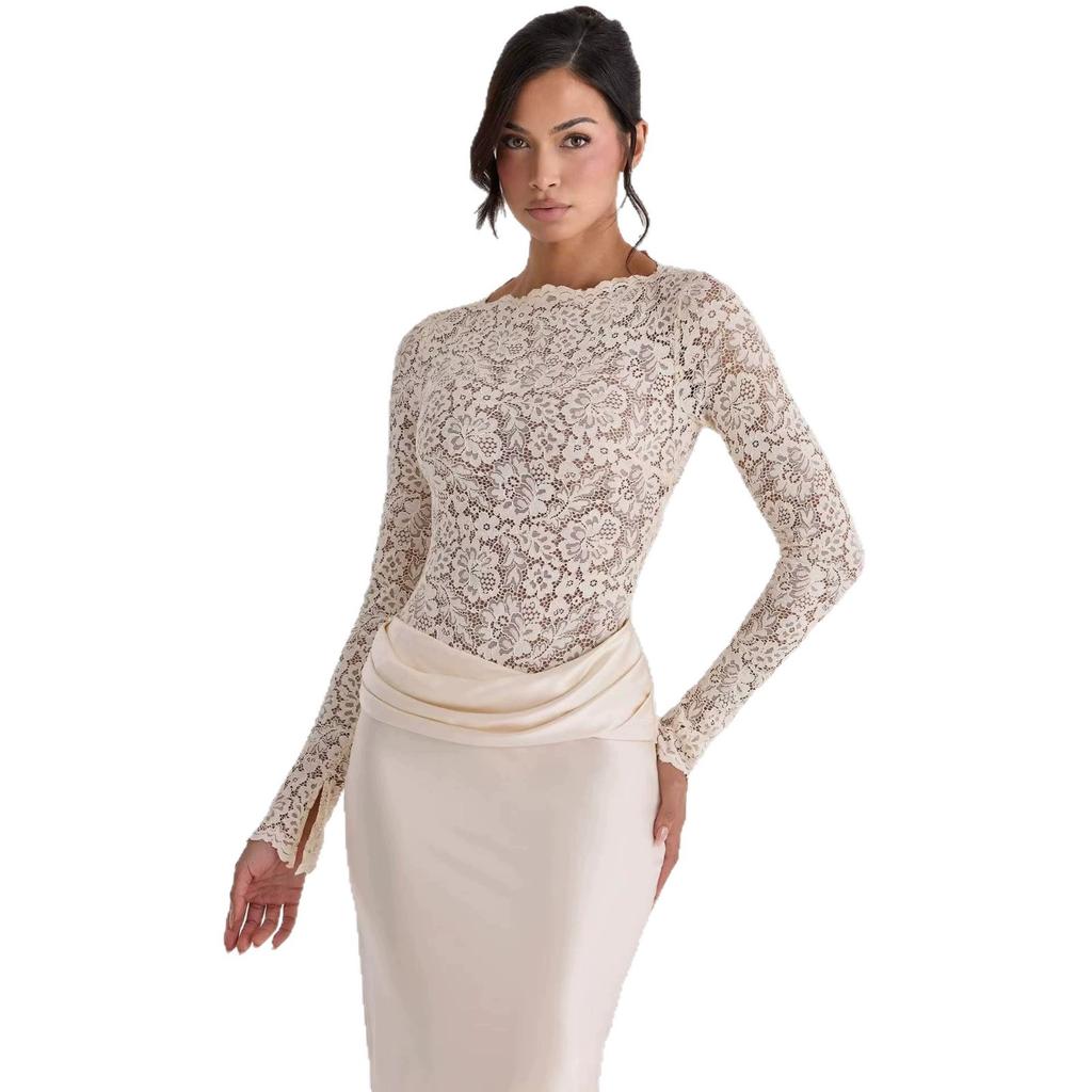 Women's Clothing, Sexy Lace Perspective Splicing Hip Skirt, Satin Pleated Fashionable and Elegant Fishtail Skirt