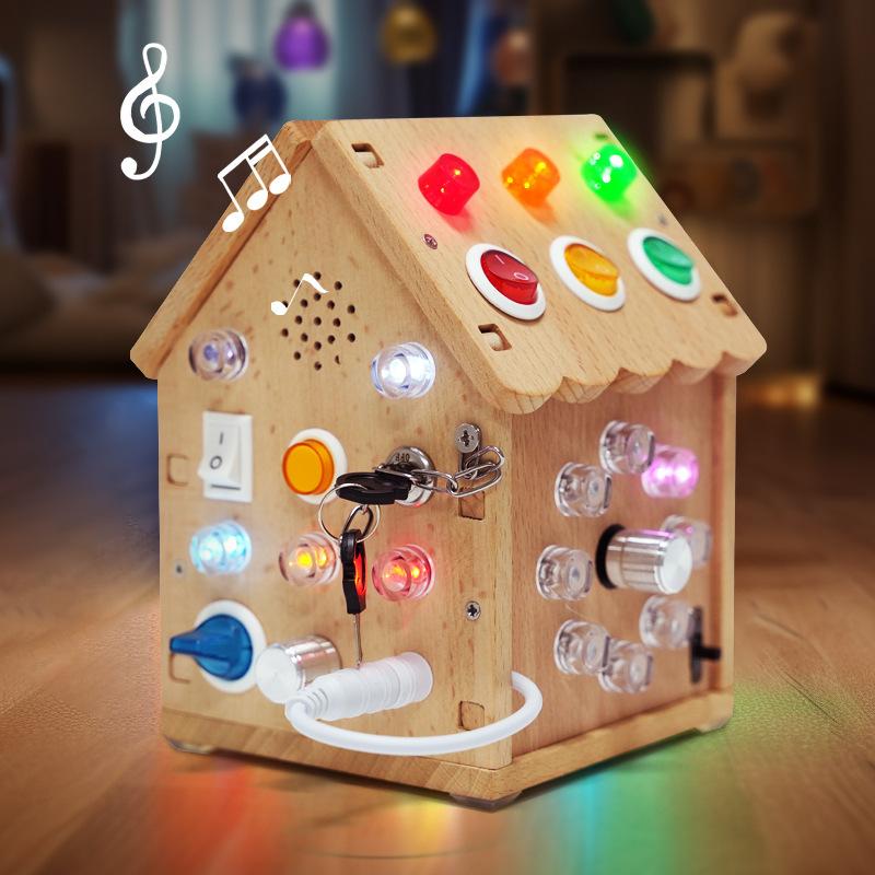 Wooden Children's Montessori Early Education LED Light, Sound and Light Busy House Mechanism, Unlocking Power Switch, Educational Desktop Toy