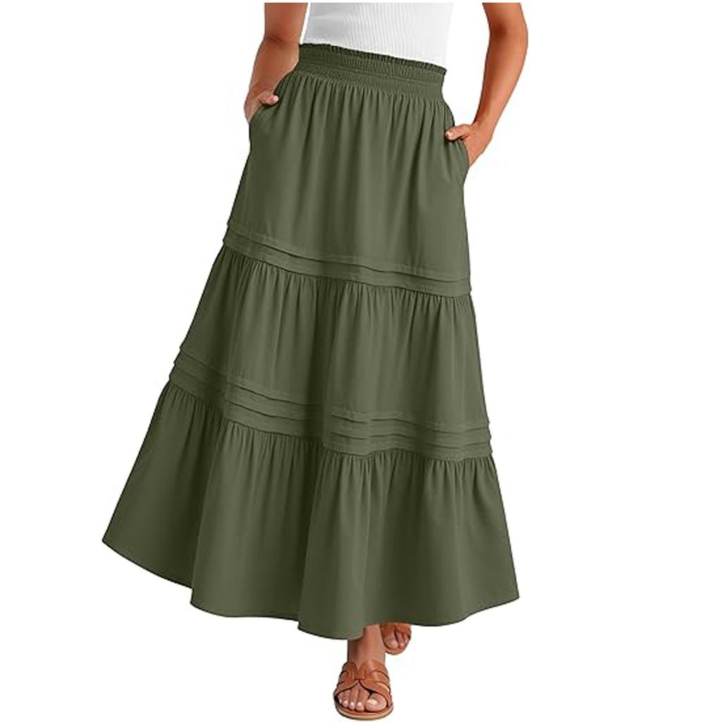 Women Summer Maxi Skirt Boho Ruffle Tiered Elastic High Waist Flowy Casual A-line Long Skirts