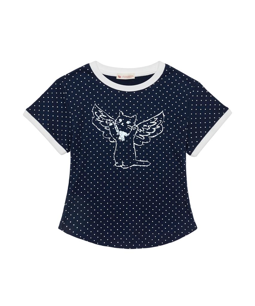 Loginaenloji Angel Cat Dot Ringer T-Shirt Navy