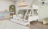 Bunk Bed with Windmill, Shelves, Color-Contrasted Safety Rail, Four-Step Angled Ladder and Drawers, Pine+MDF, White+Natural, 90x200cm&140x200cm