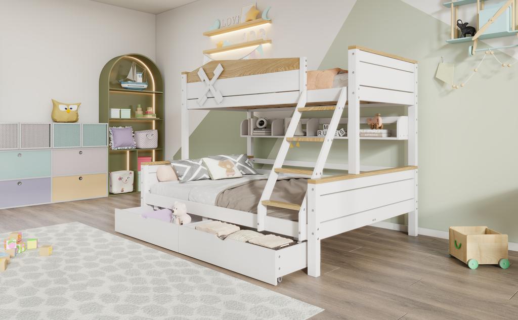 Bunk Bed with Windmill, Shelves, Color-Contrasted Safety Rail, Four-Step Angled Ladder and Drawers, Pine+MDF, White+Natural, 90x200cm&140x200cm