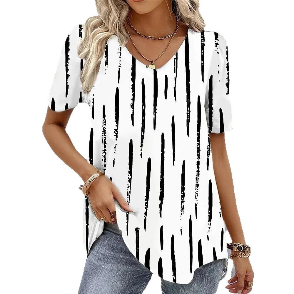 Summer V-neck 3D Printed Top Fashionable Retro Casual Short Sleeved Women's T-shirts