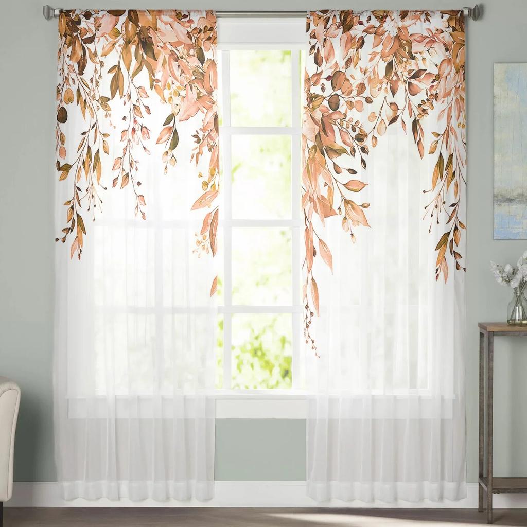 Flower Watercolor Leaf Bud Window Curtains For Living Room Bedroom Kitchen Chiffon Sheer Window Treatment