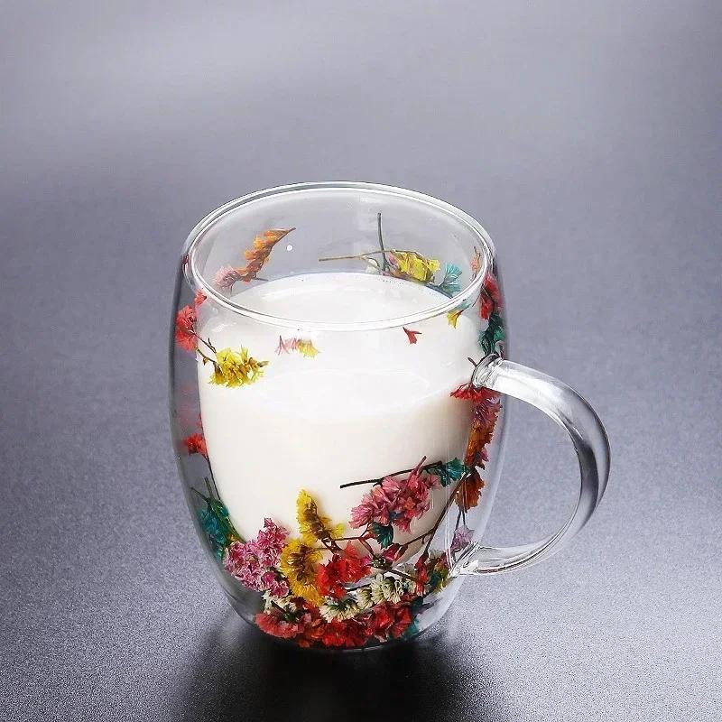 350ml Double Wall Glass Coffee Mug with Handles Clear Milk Cups Gifts Glass Cup Fill Artificial Simulation Flowers Teacup Gift