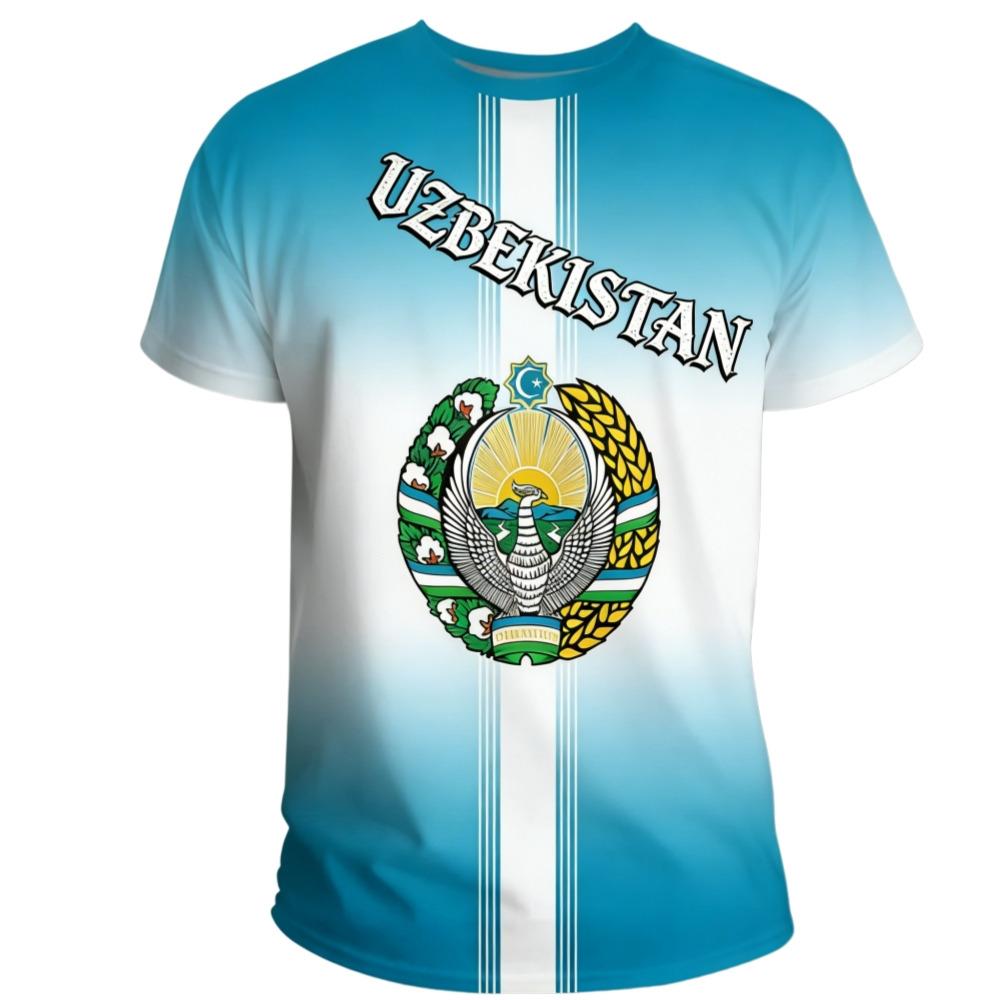 Men Uzbekistan National Flag Print T-Shirt Football Sports Pattern T-Shirts Casual Short Sleeve O-Neck Loose Soccer Fans Tees