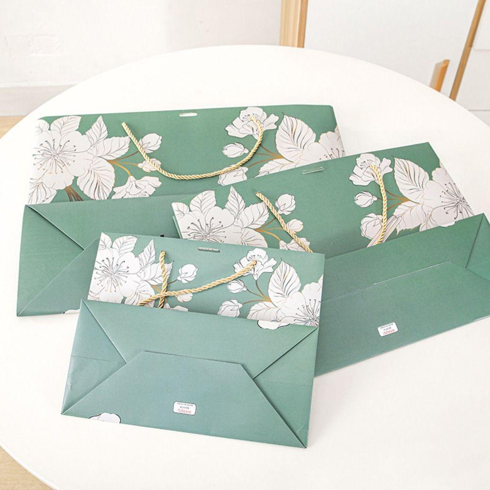 Green Printing Floral Bird with Ribbon Gift Bag Creative Handhold Paper Bag  Shopping