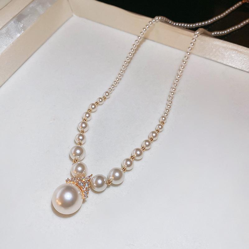 Real gold electroplated round pearl stud earrings necklace set niche earrings fashion temperament earrings light luxury high sense