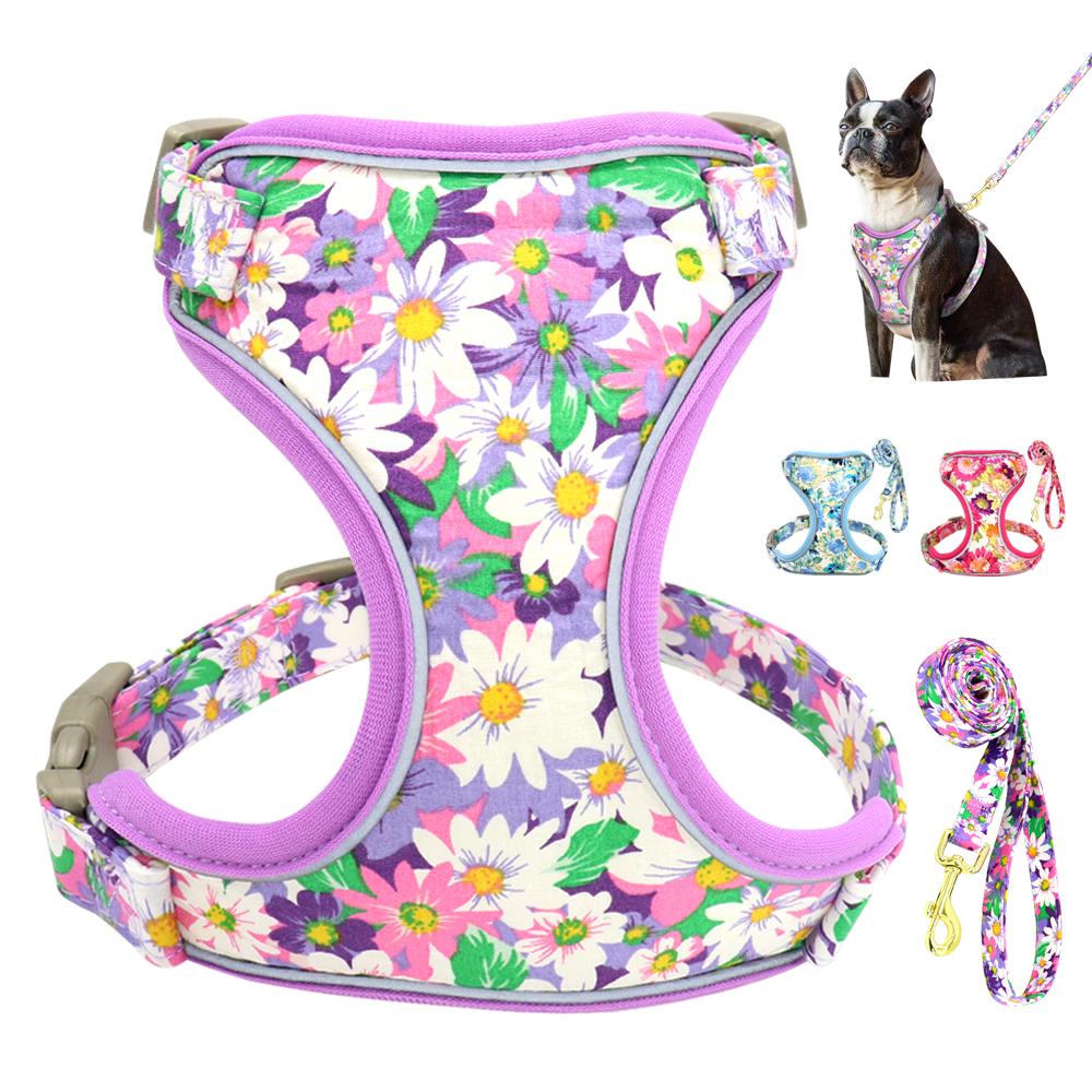 Colorful Print Dog Harness Leash Set Reflective Nylon Dogs Vest