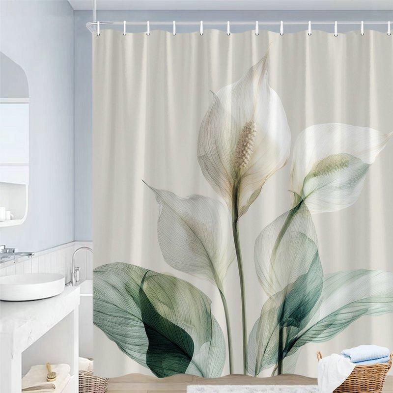 

1 Элегантная шторка для душа с каллами - Полупрозрачный цветочный узор с белыми лилиями, зелеными листьями и светлыми стеблями, полиэстеровая ткань 90X180cm