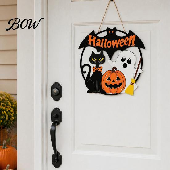 Bat And Black Cat Decorations Halloween Wood Hanging Ornament with Ghost Pumpkin Prints, Durable Festive Atmosphere Signs Waterproof Front Door