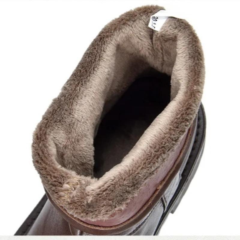 Johnature Genuine Leather Thick Soled Thick Heel Mid-calf Boots Plush Warm Women's Slip-on Boots