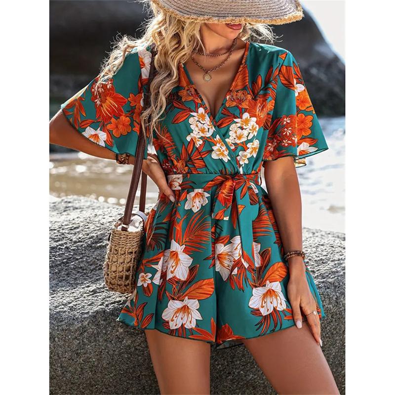 Beach Vacation Short Sleeve V Neck Casual Jumpsuits Women Rompers Summer Loose Print Short Jumpsuit for Women Elegant High Waist Lady Playsuits 26275