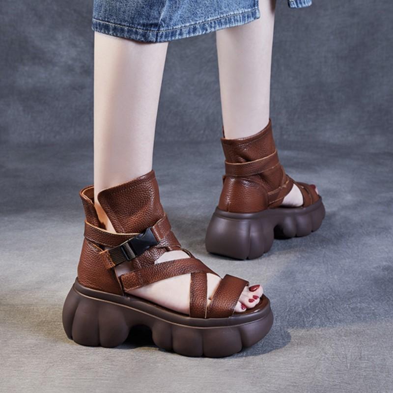 Johnature Roman Style Thick Sole Sandals Women's Shoes Genuine Leather Peep Toe Thick Heel Platform Sandals