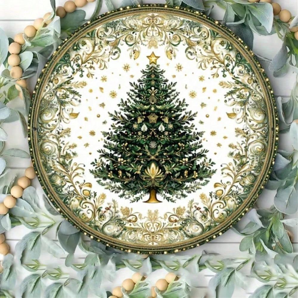 Retro Christmas Tree Tin Sign 8 Inch Round Metal Art Home Cafe Wall Decor Indoor Outdoor Holiday Gift