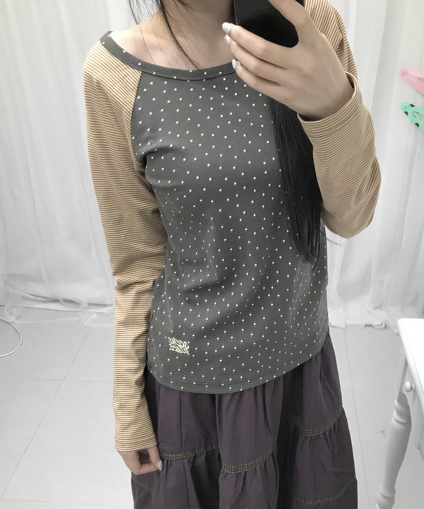 SOME PLACE Star Stripe Mix Embroidered Raglan Long Sleeve Boat Neck T-Shirt _ 2 Colors