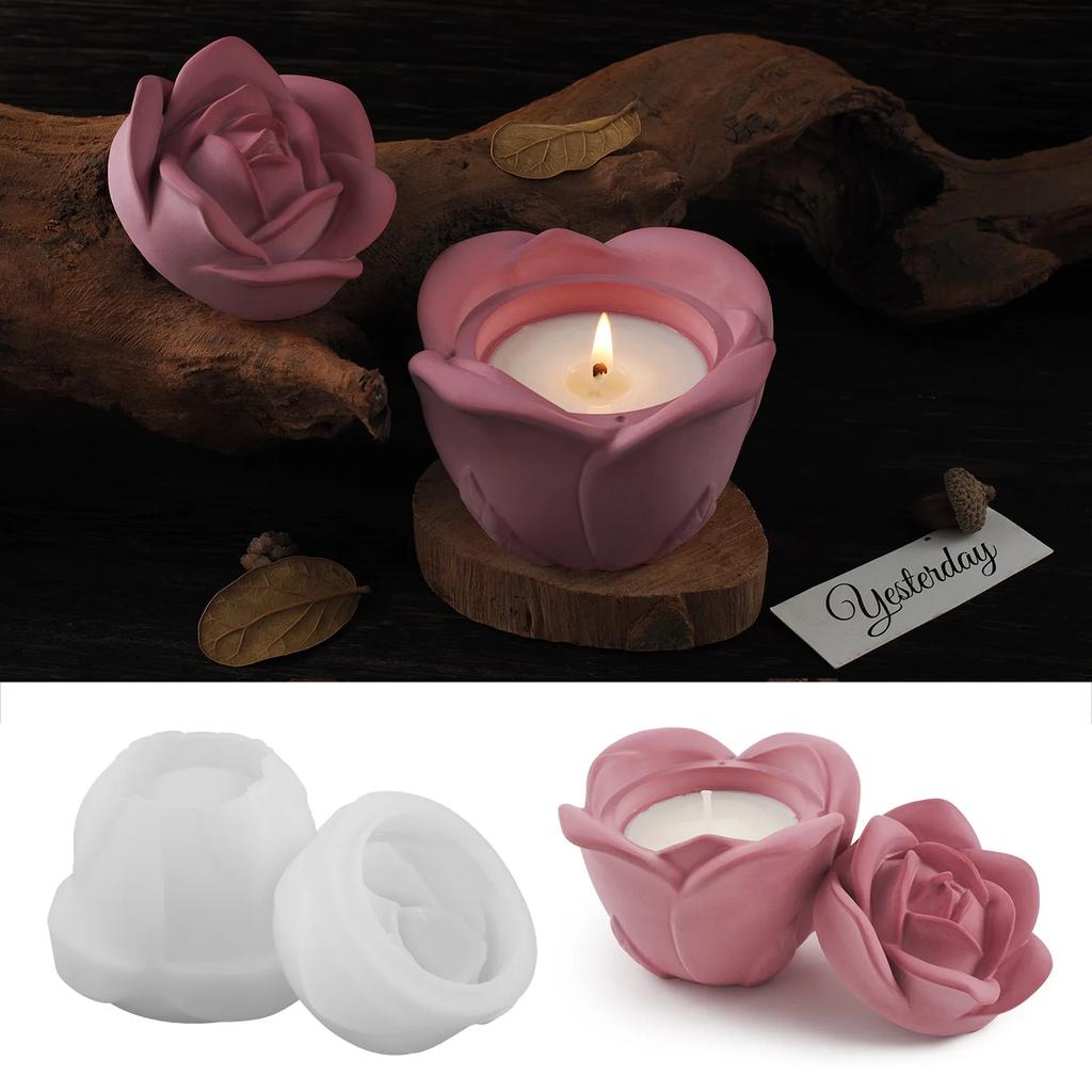 Rose Candle Jar Concrete Silicone Mold Resin Flower Storage Box Molds 3D Candle Ornament Candle Holder Mould Gypsum Box Moulds