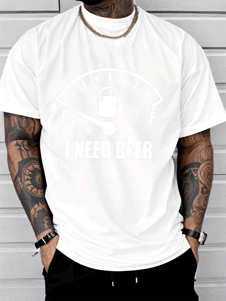 Unisex Crew Neck Tee Fuel Gauge I Need Beer Funny Slogan Print Short Sleeve Top Summer Outdoor Loose Soft Casual Basic Daily Wear