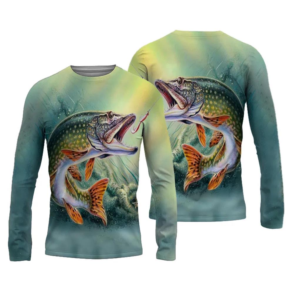 

Модная мужская рубашка для рыбалки, 3D-принт, рыболовный костюм, дышащая футболка с длинными рукавами, летний спортивный костюм для рыбалки с круглым вырезом 3XL
