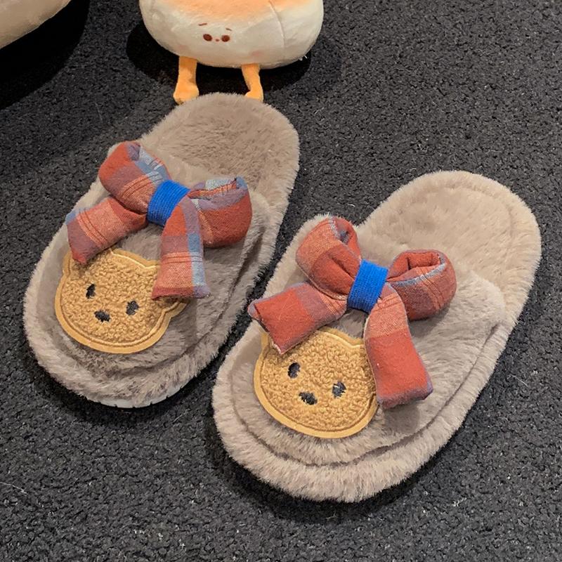 Chic Children's Slipper for Girls Cute Bear Bowknot Kids' Winter Shoes Soft Bottom Fluffy Toddlers Fashion Sweet Cotton Slippers