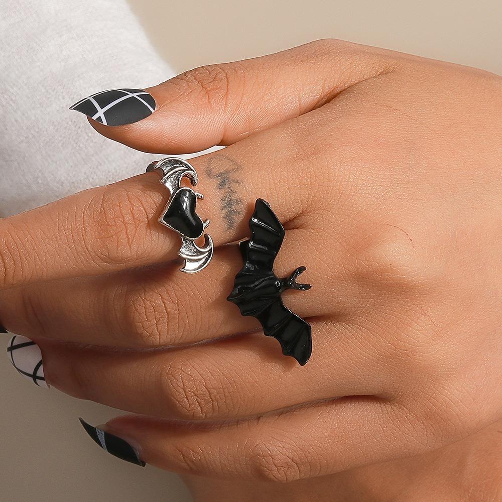 Dark Fashion Gothic Bat Ring Shiny Rhinestone Halloween Opening Ring Spider Web Heart Ring  Gift