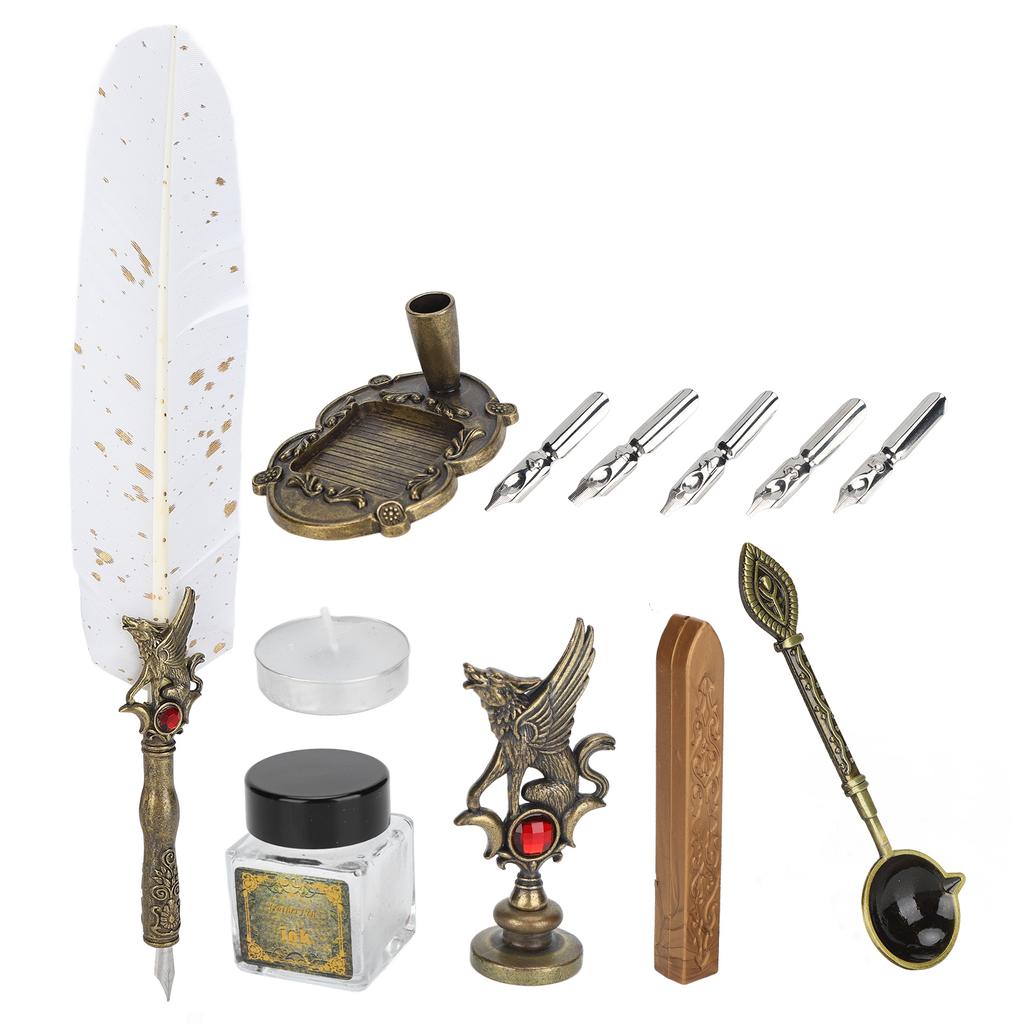 Feather Pen Set Retro Classical Style Dip Water Calligraphy Pen Feather Pen Set Holiday GiftWhite