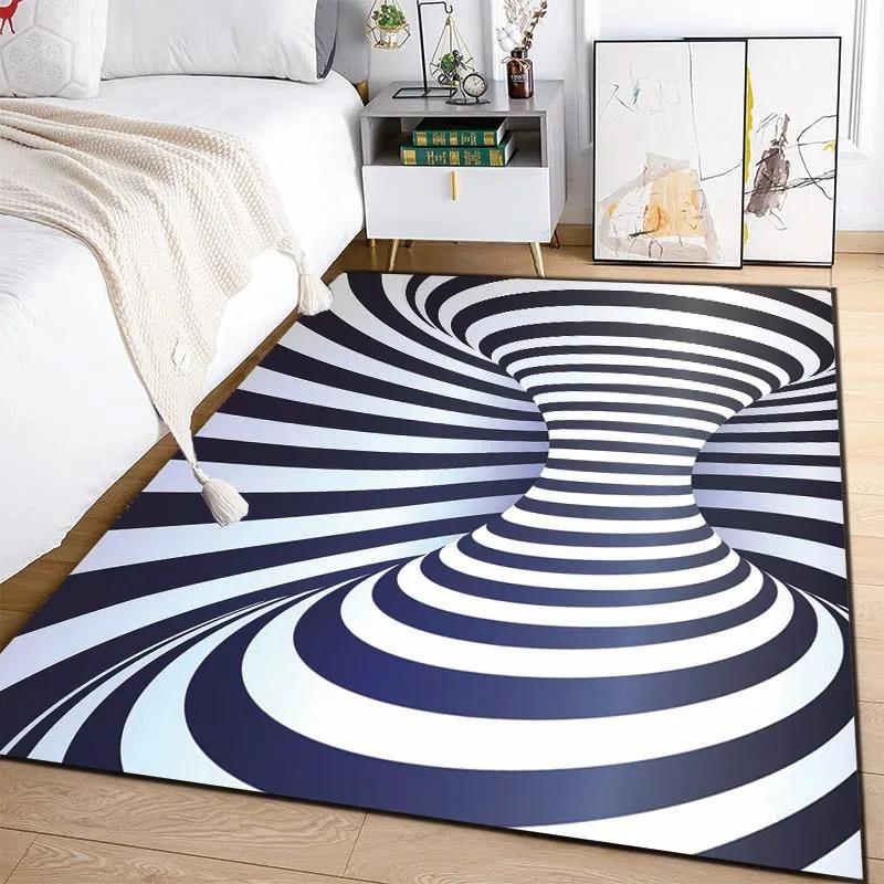 3D Vortex Illusion Black and White Rug for Bedroom Floor Mat Abstract Geometric Optical Vertigo Carpet Non-slip Livingroom Decor