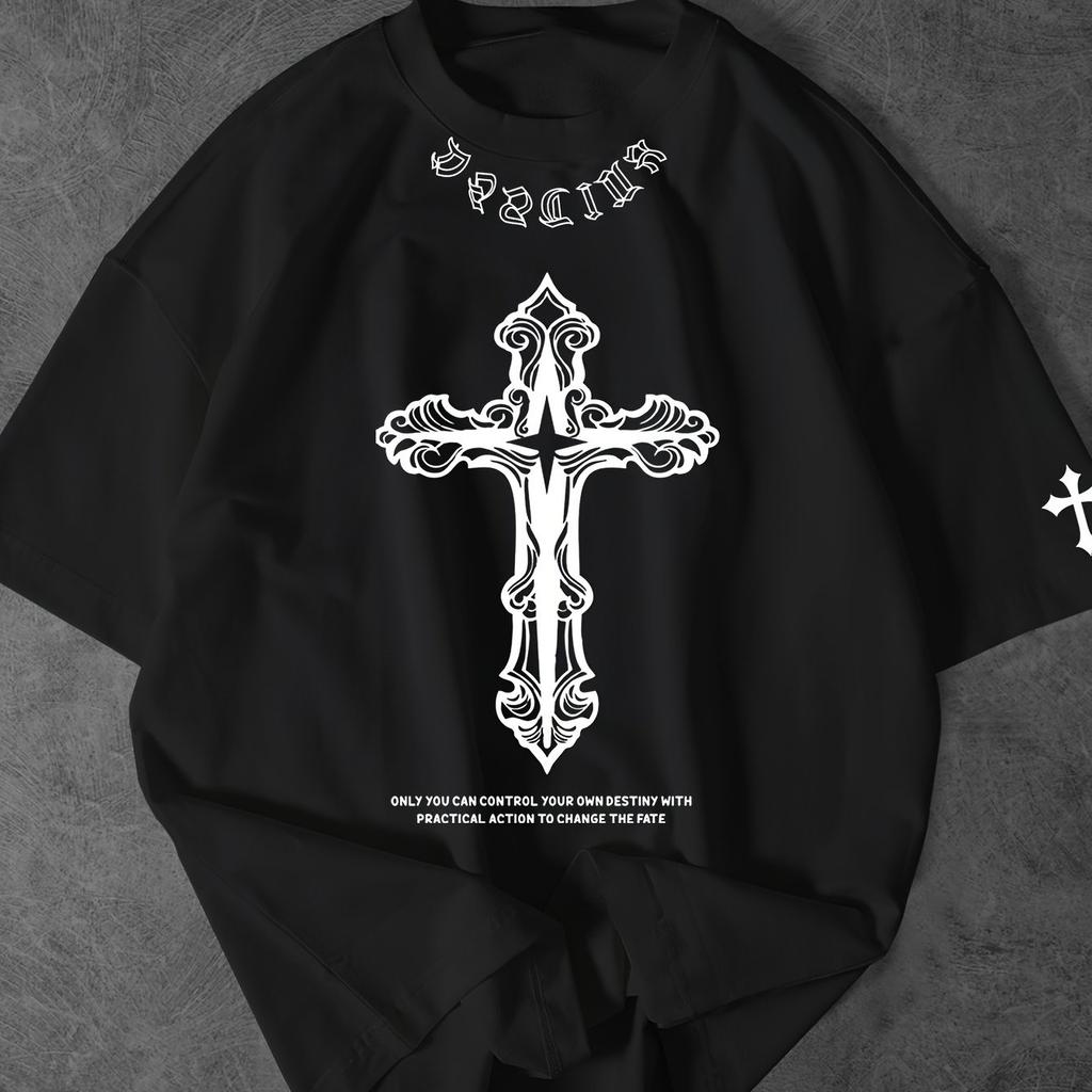 Summer New Men's Round Neck Cross Letter Printing Casual Short-sleeved T-shirt Men's and Women's Retro Fashion