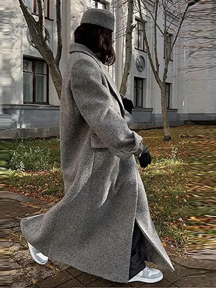 Palton Lung din Lână Artificială pentru Femei Palton cu Gât în V și Dublu Piept pentru Femei Palton Lung Gri pentru Femei, Rezistent la Vânt și Călduros Stil Clasic Minimalist