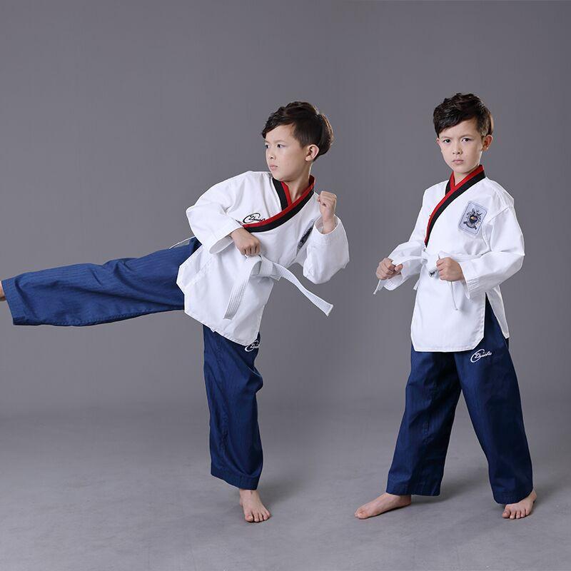 Taekwondo Poomsae Uniform Erwachsene Kinder Training Wettkampf Leistung Coaching Weißes Oberteil Blaue Rote Schwarze Hose