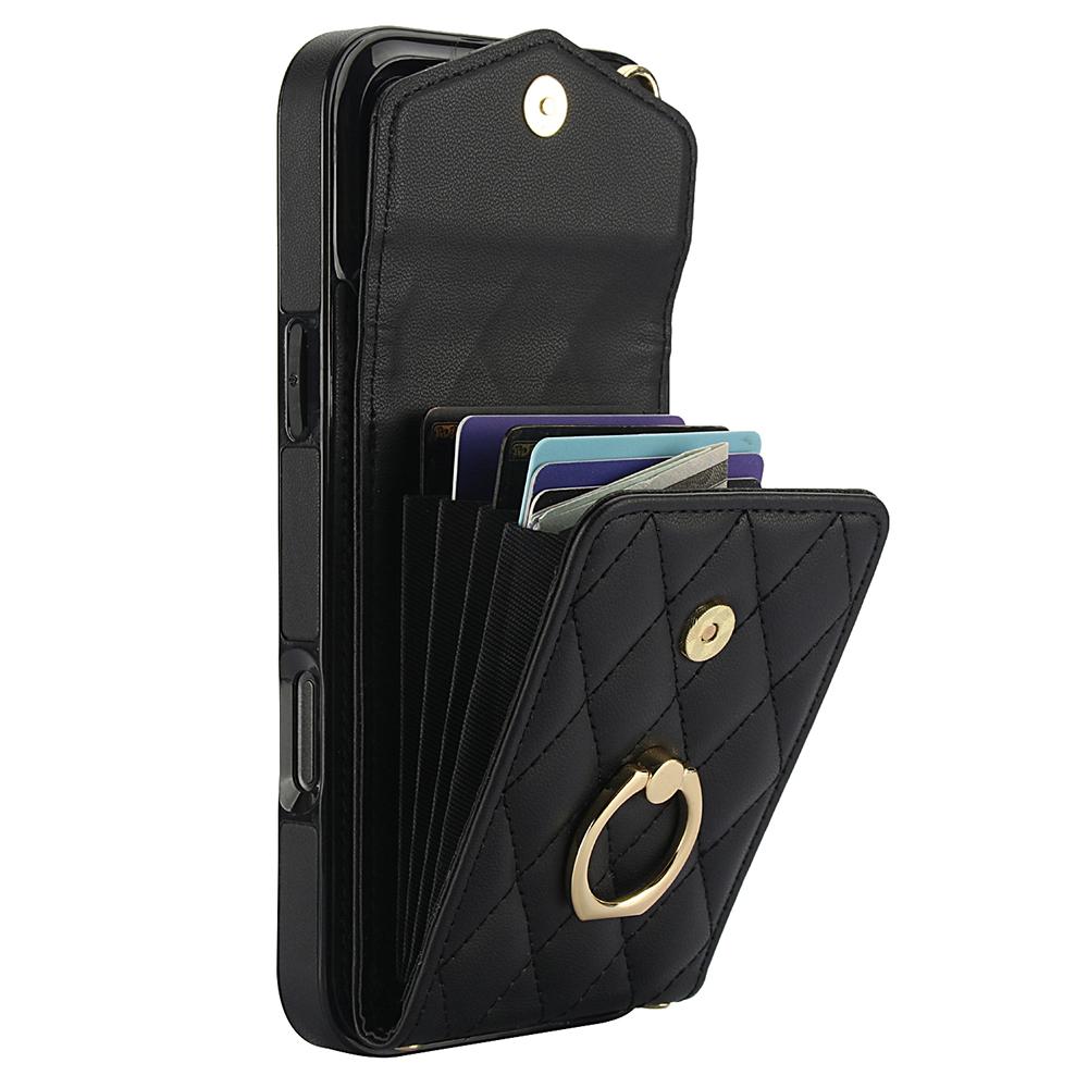 For iPhone 16 Pro Case Card Bag Leather+TPU Crossbody Phone Cover with Ring Kickstand