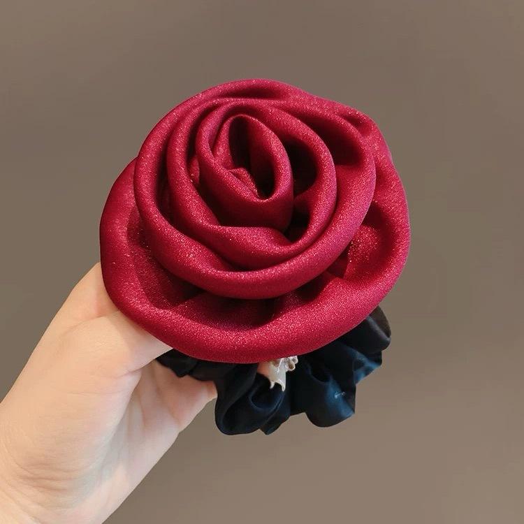 French Stain Rose Flower Elastic Hairbands Women Girls Hair Ropes Ties Flower Hair Scrunchies Ponytail Holder Hair Accessories
