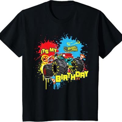 Kinder Hot Wheels Monster Trucks - It's My Birthday Farbspritzer T-Shirt