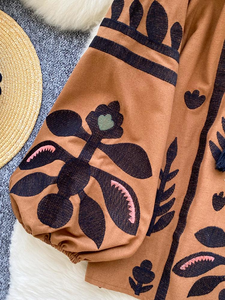 Primavera Otoño Nuevo Vintage Camisa Manga Farol Mujer Bordado Cuello Redondo Tirante Suelto Casual Blusa Top