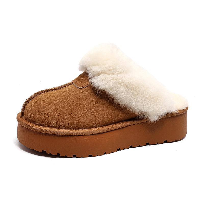 Women's Furry Leather Snow Boots - Thick Sole, Closed Toe, Non-Slip, Warm Slippers