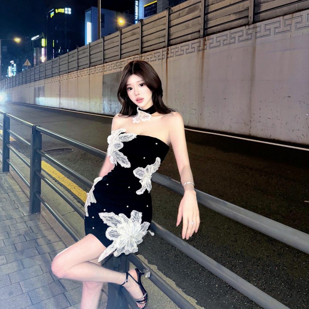 New Temperament Royal Sister High-end Sense Nail Beads Millennials Flower Tube Top Hip Dress Design