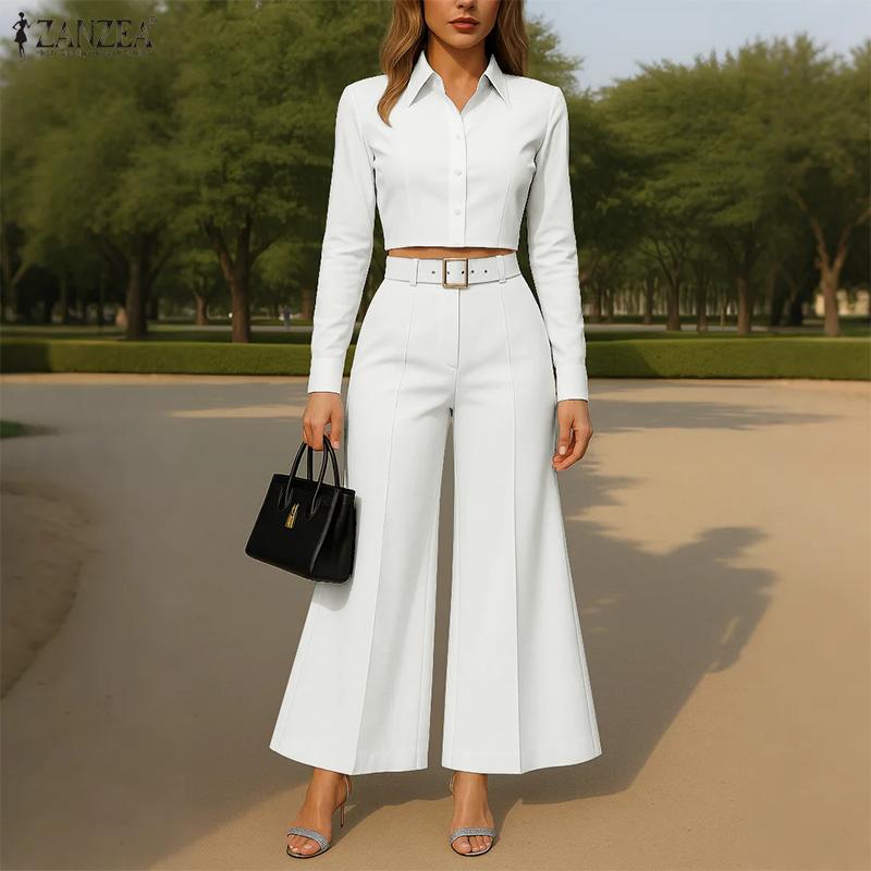 ZANZEA Women Long Sleeve Cropped Blouse and Pants Casual Two Piece Suit Sets