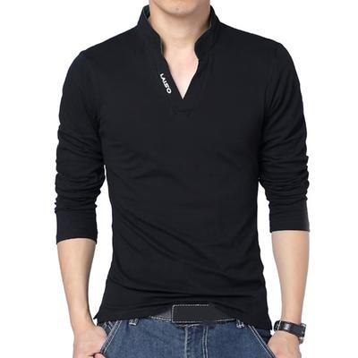Men Spring Fall T-shirt Stand Collar V Neck Long Sleeve Soft Slim Fit Solid Color Soft Breathable Business Style Men Mid Length Top