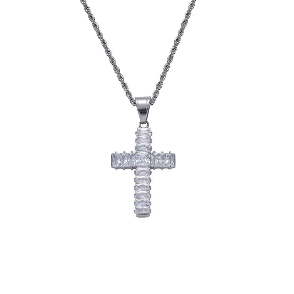 SN266 Hip Hop Cross Pendant Necklace with Crystal & Rhinestone Stainless Steel Rope Chain Iced Out Design