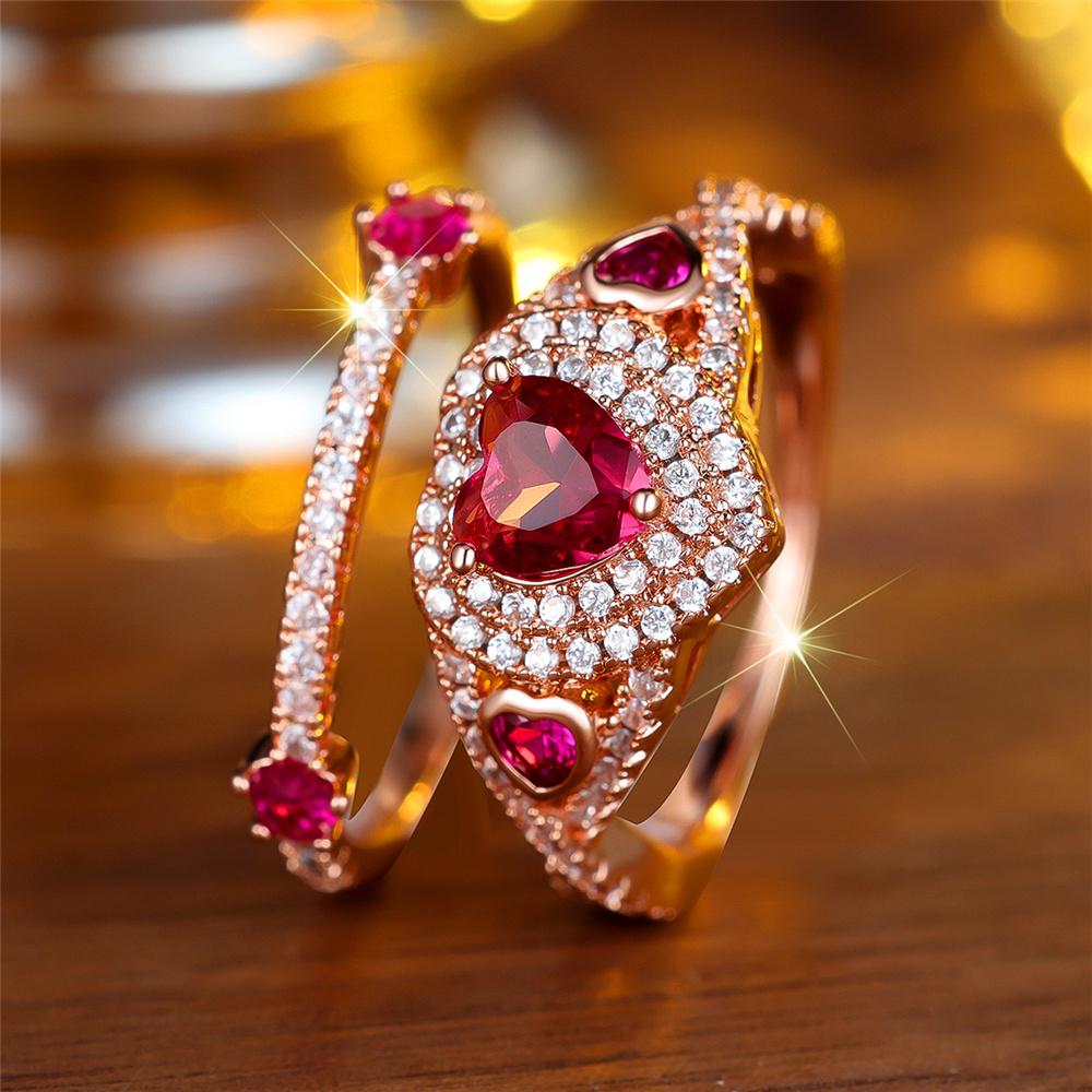 Female White Red Zircon Stone Heart Engagement Ring Set Vintage Rose Gold Color Bridal Wedding Bands Party Jewelry For Women