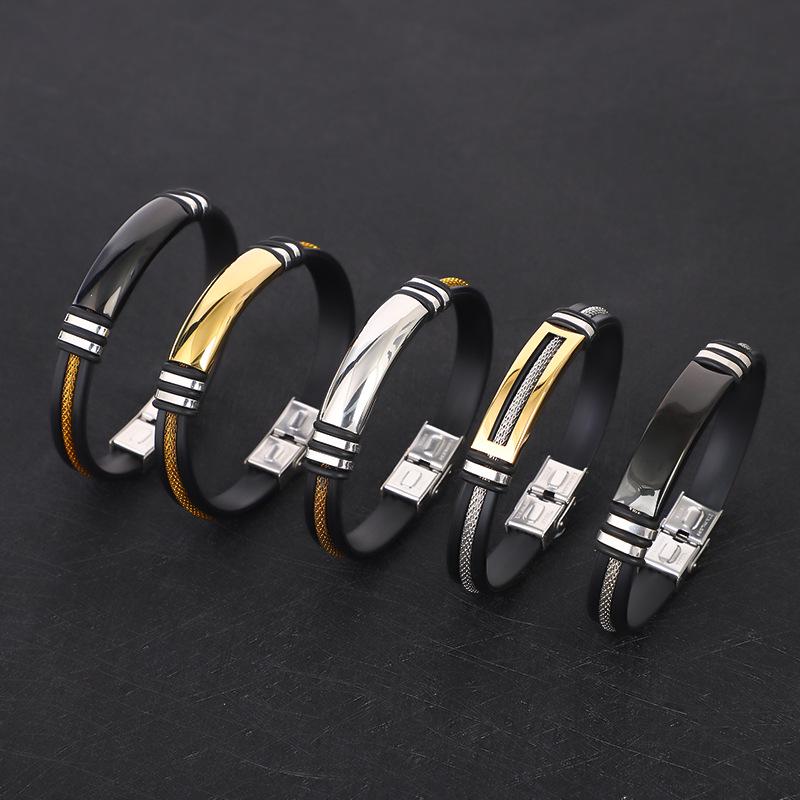 Pánský černý stříbrný zlatý náramek z titanové oceli a silikonu s gravírovanou nerezovou ocelí