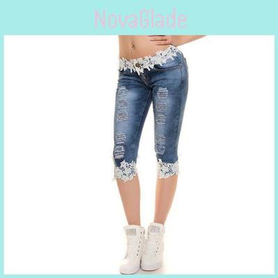 Stylish Women Jeans Lace Elastic Casual Big Size Cowboy Denim Shorts For Daily Wear