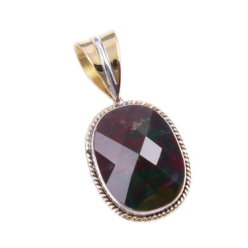 Natural Bloodstone Gemstone 925 Solid Sterling Silver TwoTone Pendant 1.25" t6J26