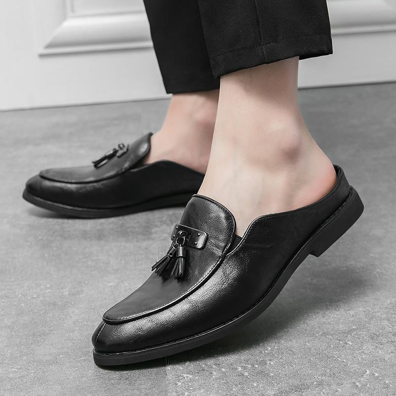 Luxury Designer New Men Black Tassels Half Slippers Shoes Casual Pu Leather Mules Moccasins Breathable Loafers Zapatos Hombre
